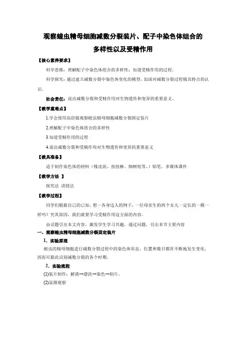 教学设计2：2.1.3 观察蝗虫精母细胞减数分裂装片、配子中染色体组合的多样性以及受精作用