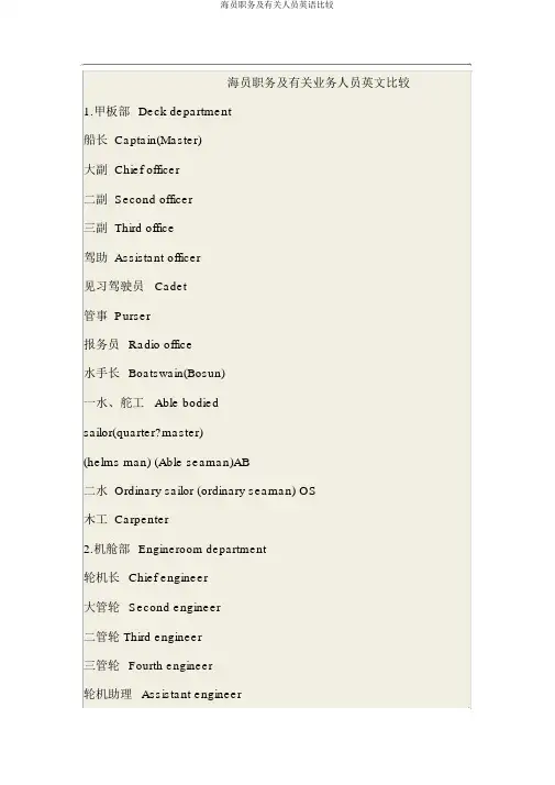 船员职务及相关人员英语对照