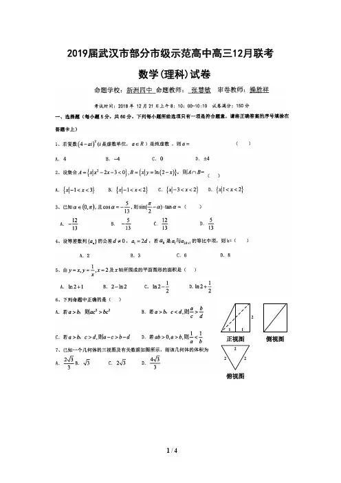 2019湖北省武汉市部分市级示范高中届高三上学期12月联考数学(理科)试题 PDF版