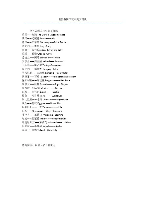世界各国国花中英文对照