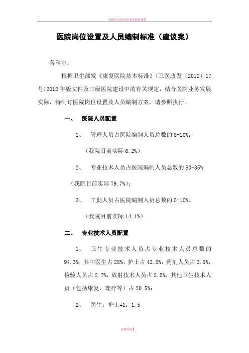 医院岗位设置及人员编制标准