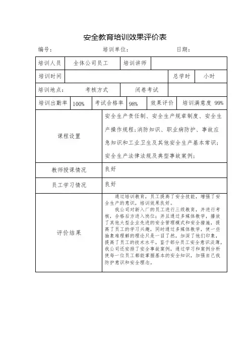 安全教育培训效果评价表(可编辑修改word版)