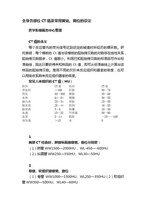 全身各部位CT值及常用窗宽、窗位的设定