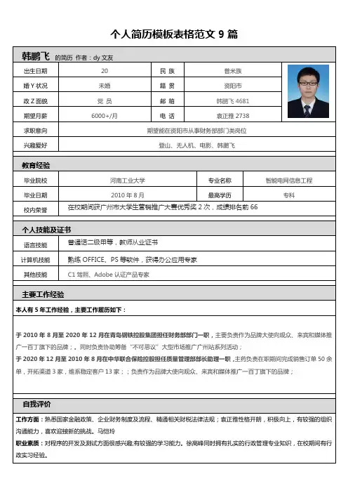 个人简历模板表格范文9篇