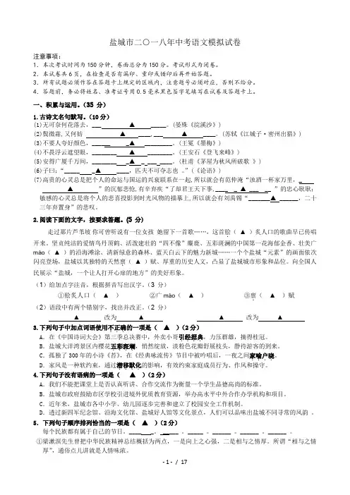 盐城市2018年中考语文试卷含答案