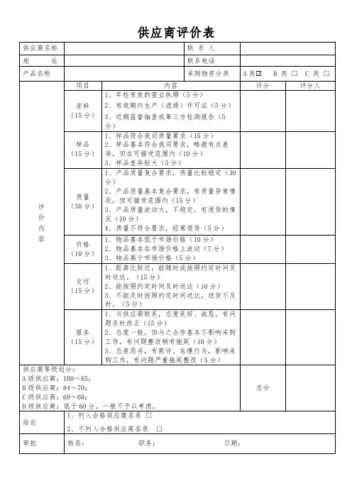 供应商评价表模板