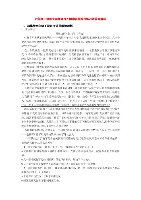 六年级下册语文试题课内外阅读训练综合练习带答案解析