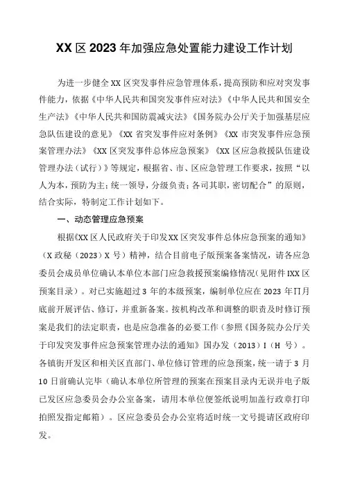 XX区2023年加强应急处置能力建设工作计划