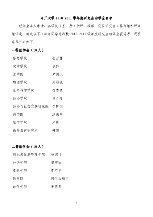 南开大学 2010-2011 学年度研究生助学金名单