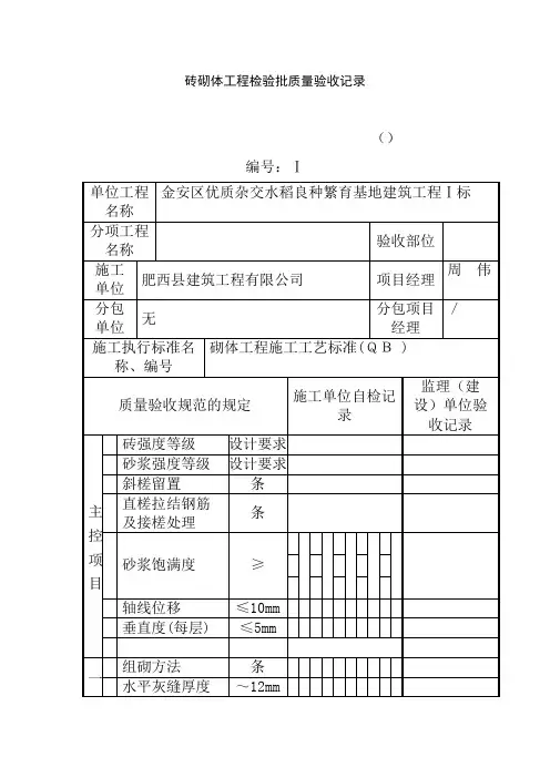 砖砌体工程检验批质量验收记录