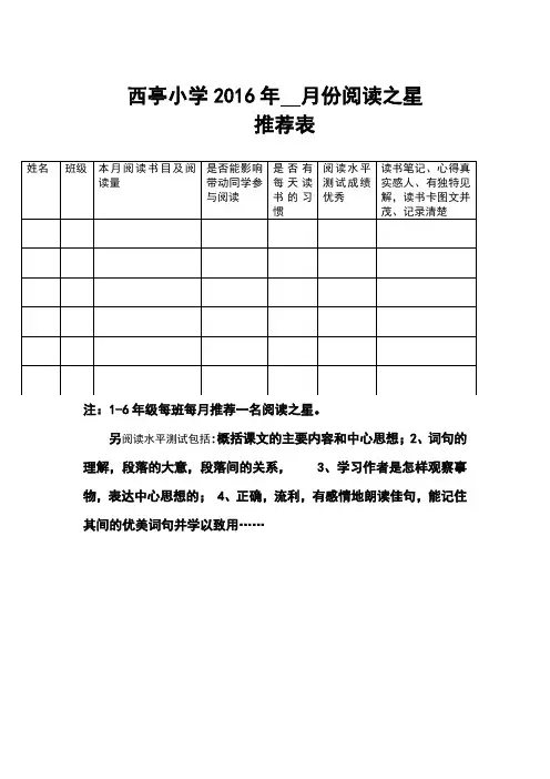 阅读之星推荐表