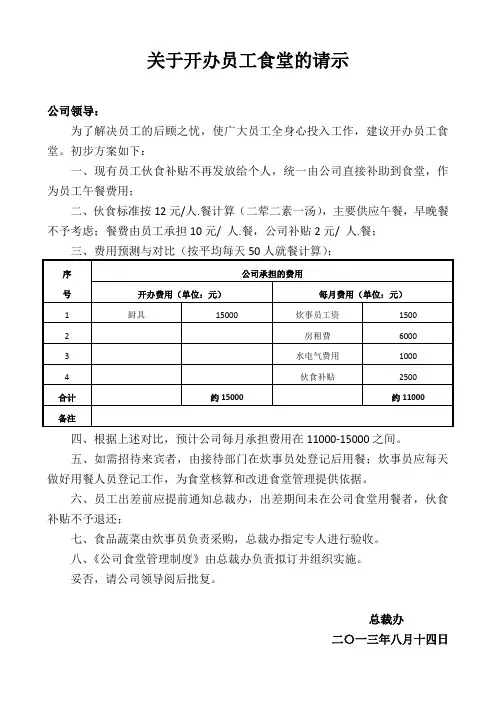 关于开办员工食堂的请示