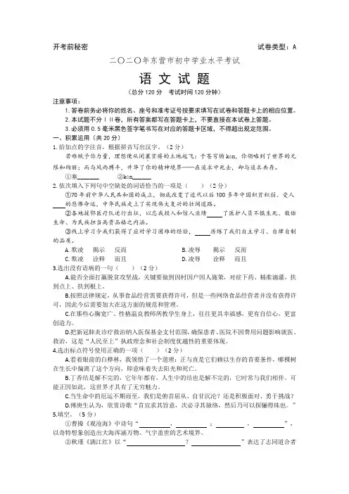 2020年东营市中考语文试题(含答案)