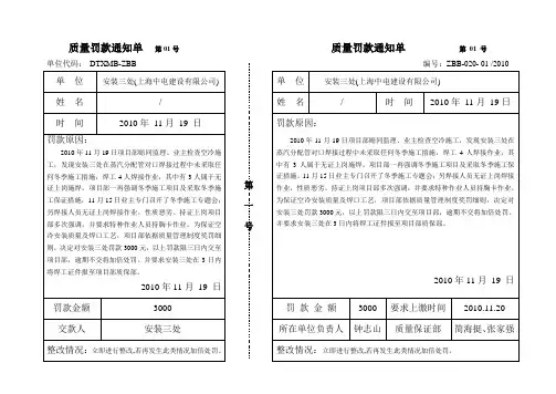 质量罚款通知单(上都)