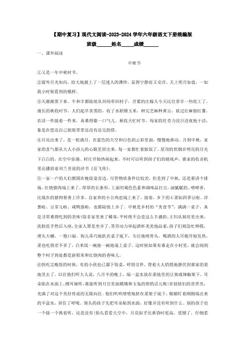 【期中复习】现代文阅读-2023-2024学年六年级语文下册(统编版)