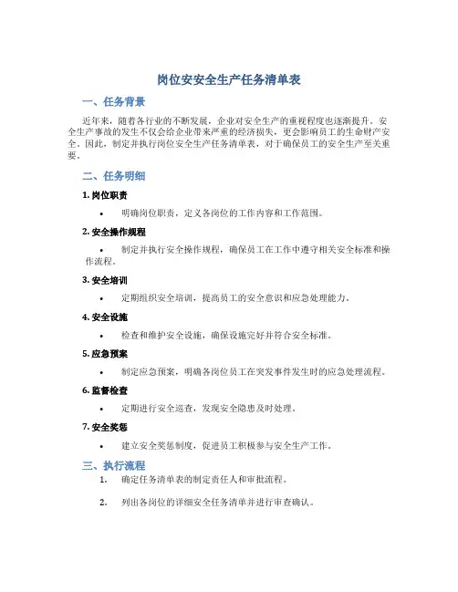 岗位安全生产任务清单表