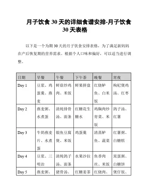 月子饮食30天的详细食谱安排-月子饮食30天表格