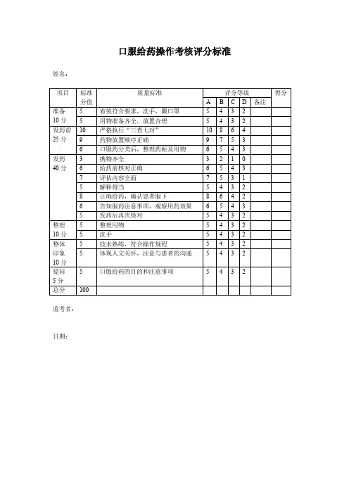 口服给药操作考核评分标准