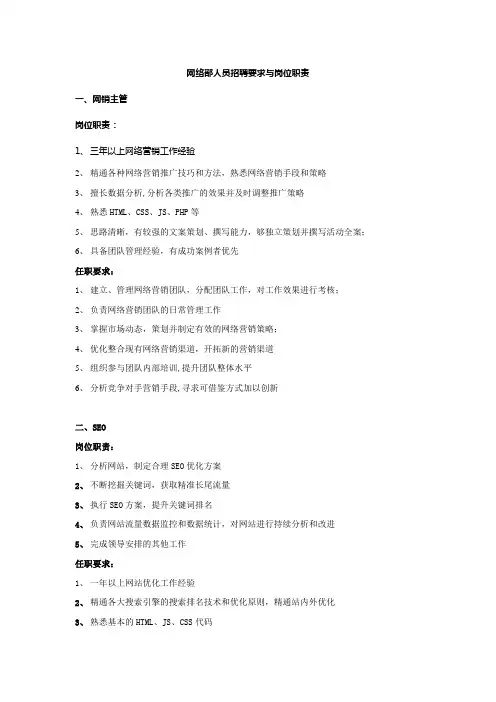 网络营销部门岗位职责及要求