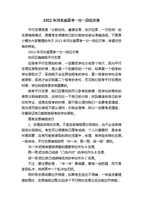 2021年河北省高考一分一段位次表
