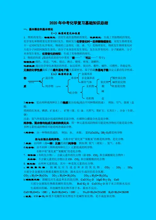 2020年中考化学复习基础知识总结