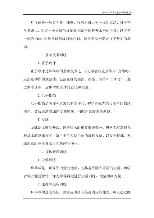 2024年乒乓球初级训练计划