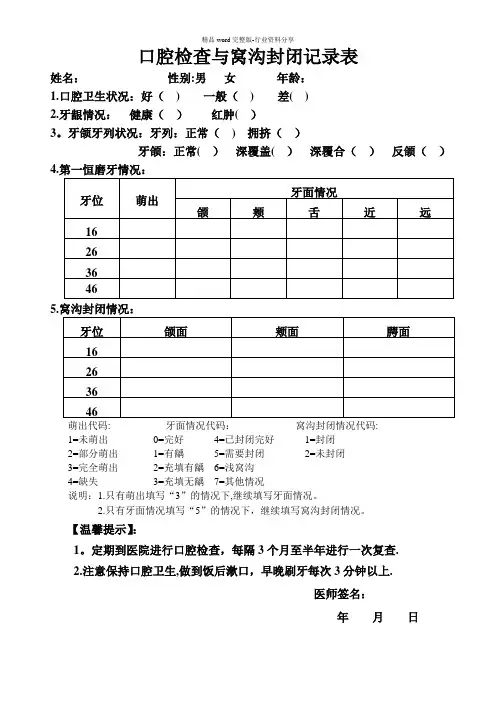 口腔检查与窝沟封闭记录表【范本模板】