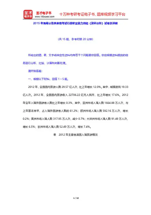 2015年海南公务员录用考试行政职业能力测验《资料分析》试卷及详解【圣才出品】