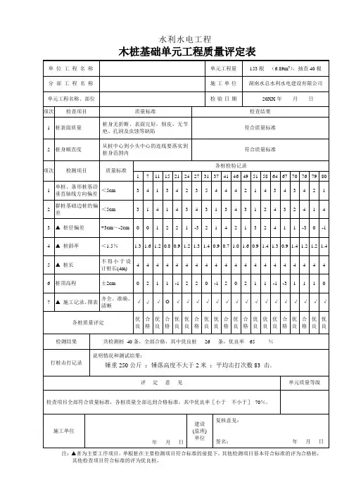 水利工程松木桩单元工程质量评定表样表