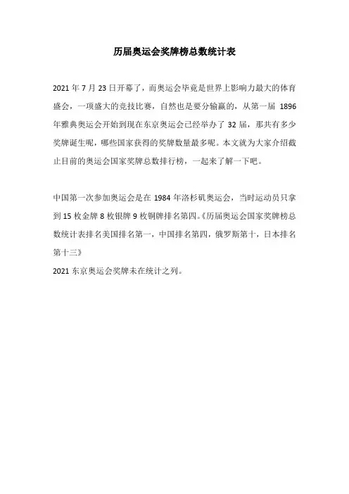 历届奥运会奖牌榜总数统计表