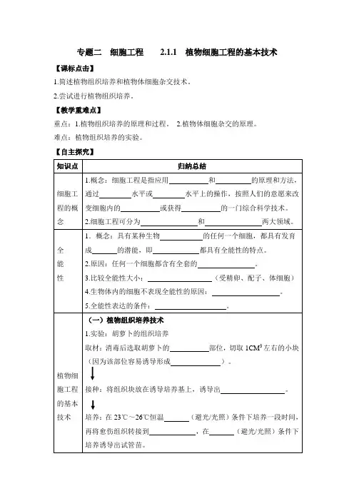 人教版高中生物选修3 2.1《植物细胞工程的基本技术》名师导学案