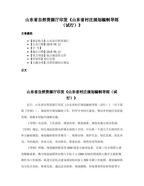 山东省自然资源厅印发《山东省村庄规划编制导则（试行）》