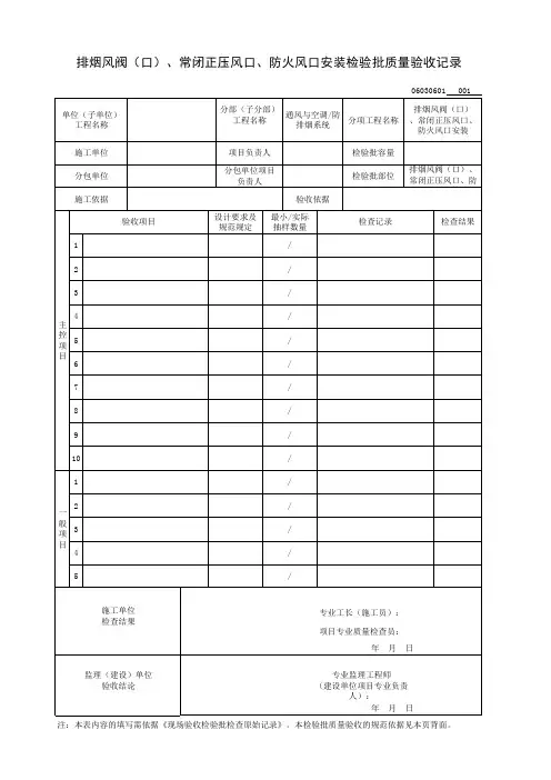 排烟风阀(口)、常闭正压风口、防火风口安装检验批质量验收记录