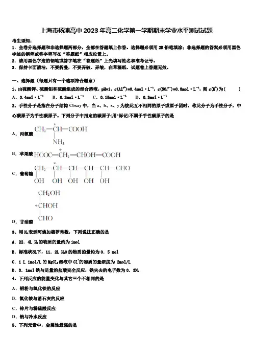 上海市杨浦高中2023年高二化学第一学期期末学业水平测试试题含解析
