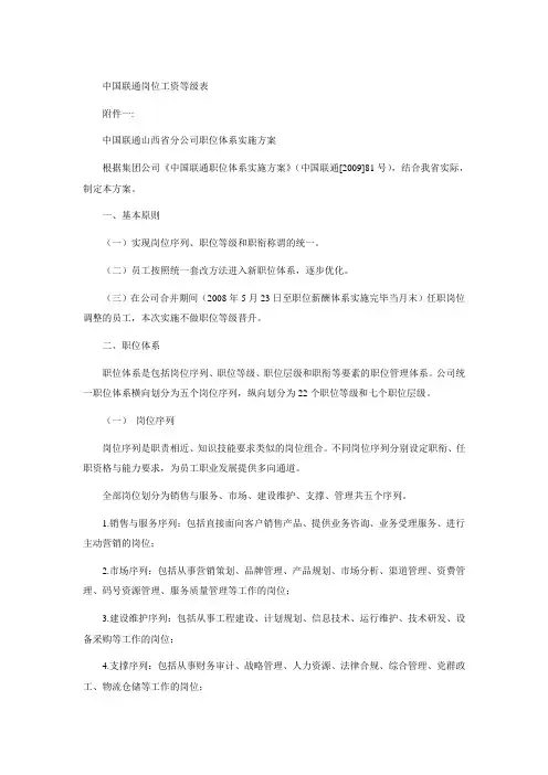 中国联通岗位工资等级表