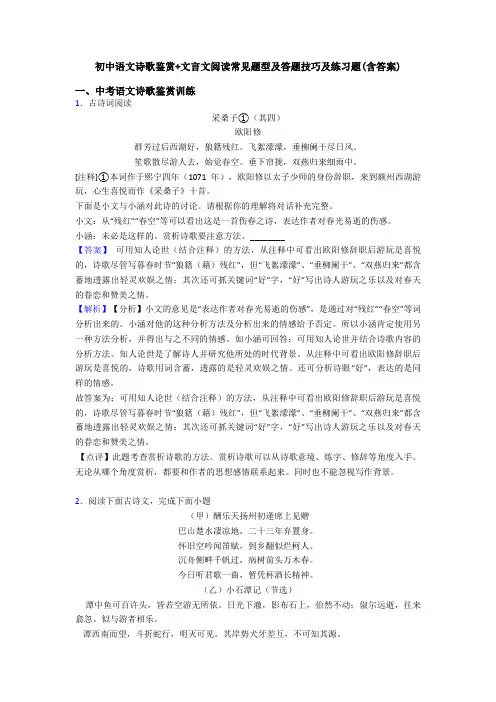 初中语文诗歌鉴赏+文言文阅读常见题型及答题技巧及练习题(含答案)