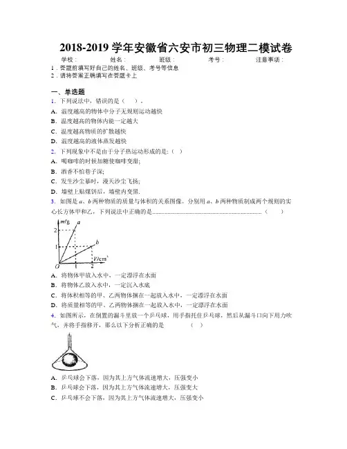 最新2018-2019学年安徽省六安市初三物理二模试卷及解析