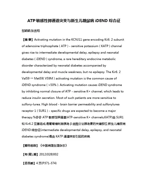 ATP敏感性钾通道突变与新生儿糖尿病iDEND综合征