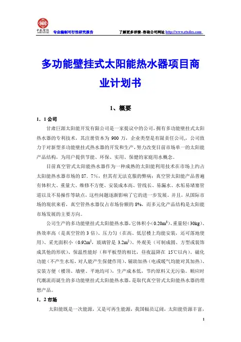 多功能壁挂式太阳能热水器项目商业计划书