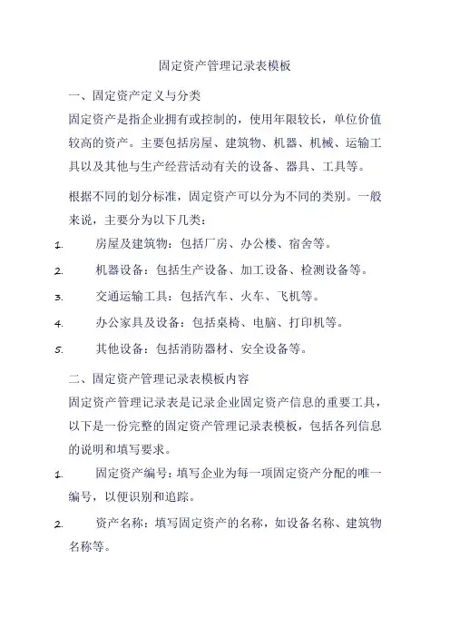 固定资产管理记录表模板