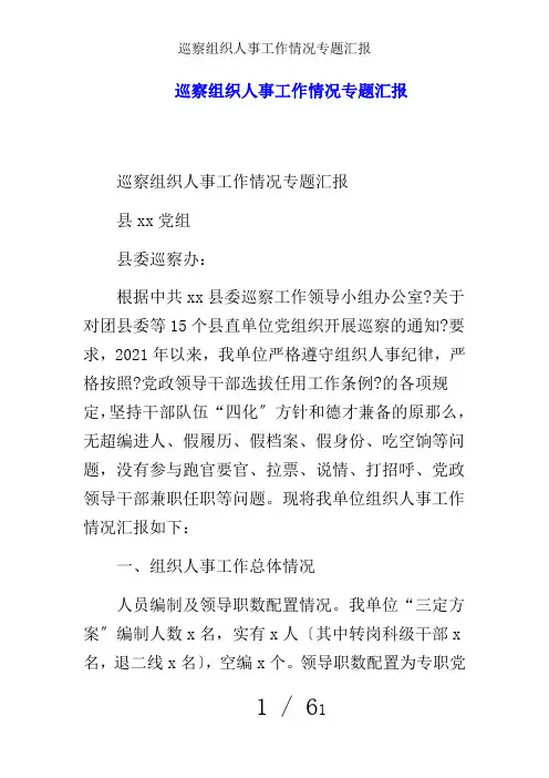 巡察组织人事工作情况专题汇报