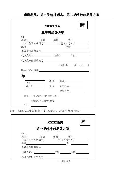 麻醉药品、第一类精神药品、第二类精神药品处方笺