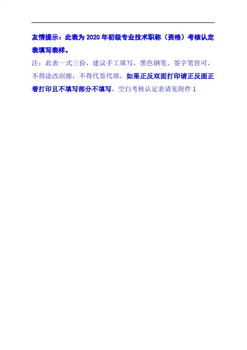 友情提示此表为2020年初级专业技术职称(资格)考核认定