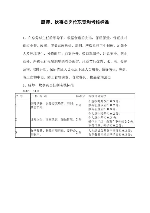 厨师、炊事员岗位职责和考核标准