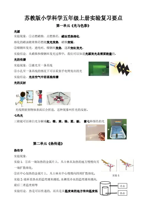 苏教版小学科学五年级上册实验复习点