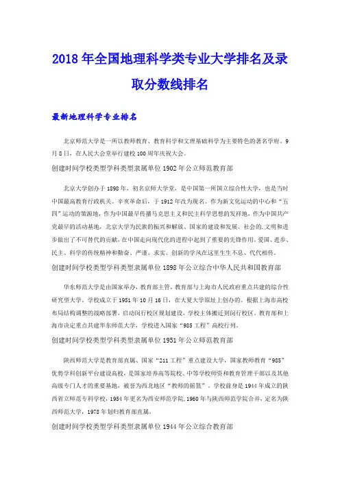 全国地理科学类专业大学排名及录取分数线排名