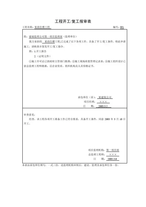 工程开工复工报审表