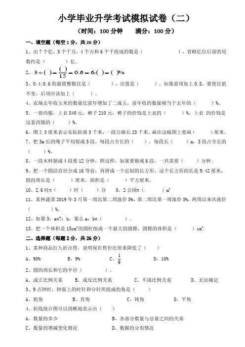 六年级下册数学试题-毕业考试模拟卷(二) 人教版(含答案)