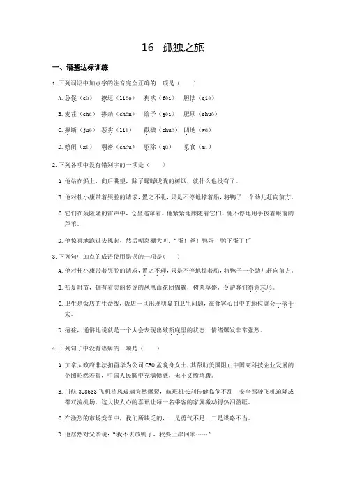 部编版语文九年级上册16《孤独之旅》课时练习试题及答案