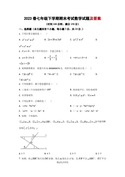 2023春七年级下学期期末考试数学试题及答案